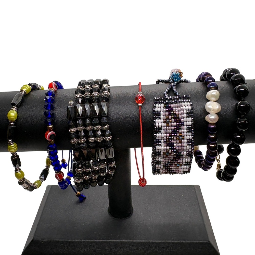 Beaded Bracelet Lot 7pc Magnetic Beads Evil Eye Seed Bead Pearl Style Boho Set